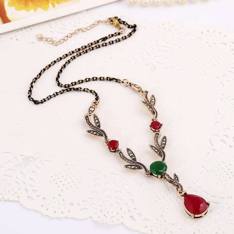 Leaf water drop resin gemstone pendant necklace - FASHIONKULTUR