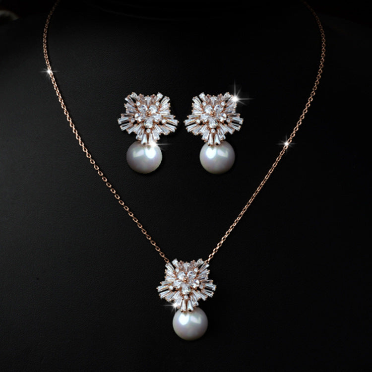 Korean temperament luxury high-grade pearl necklace earrings set with zircon jewelry micro all-match fashion bride - FASHIONKULTUR