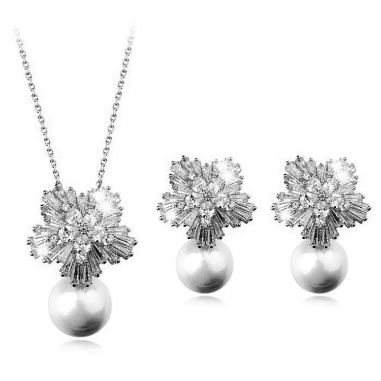 Korean temperament luxury high-grade pearl necklace earrings set with zircon jewelry micro all-match fashion bride - FASHIONKULTUR