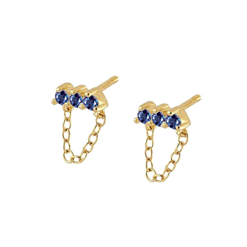 Sterling Silver Needle Simple Three Zircon Hanging Ear Chain Earrings - FASHIONKULTUR