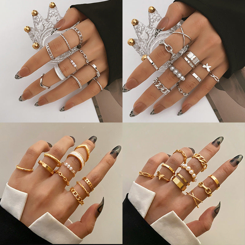 European And American Butterfly Pearl Ring 10-piece Metal Dripping Pearl Ring Wholesale - FASHIONKULTUR