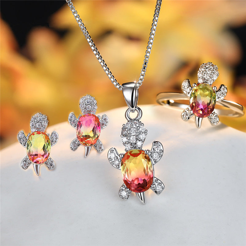 Fashion Oval Zircon Pendant Turtle Shape Necklaces With Rainbow Stone Multicolor Animal Necklace Jewelry For Woman And Children - FASHIONKULTUR