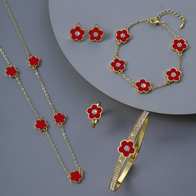 Ear Stud Necklace Set Of Five Petal Flower Jewelry European And American Five Leaves Flower Ornaments Suit - FASHIONKULTUR