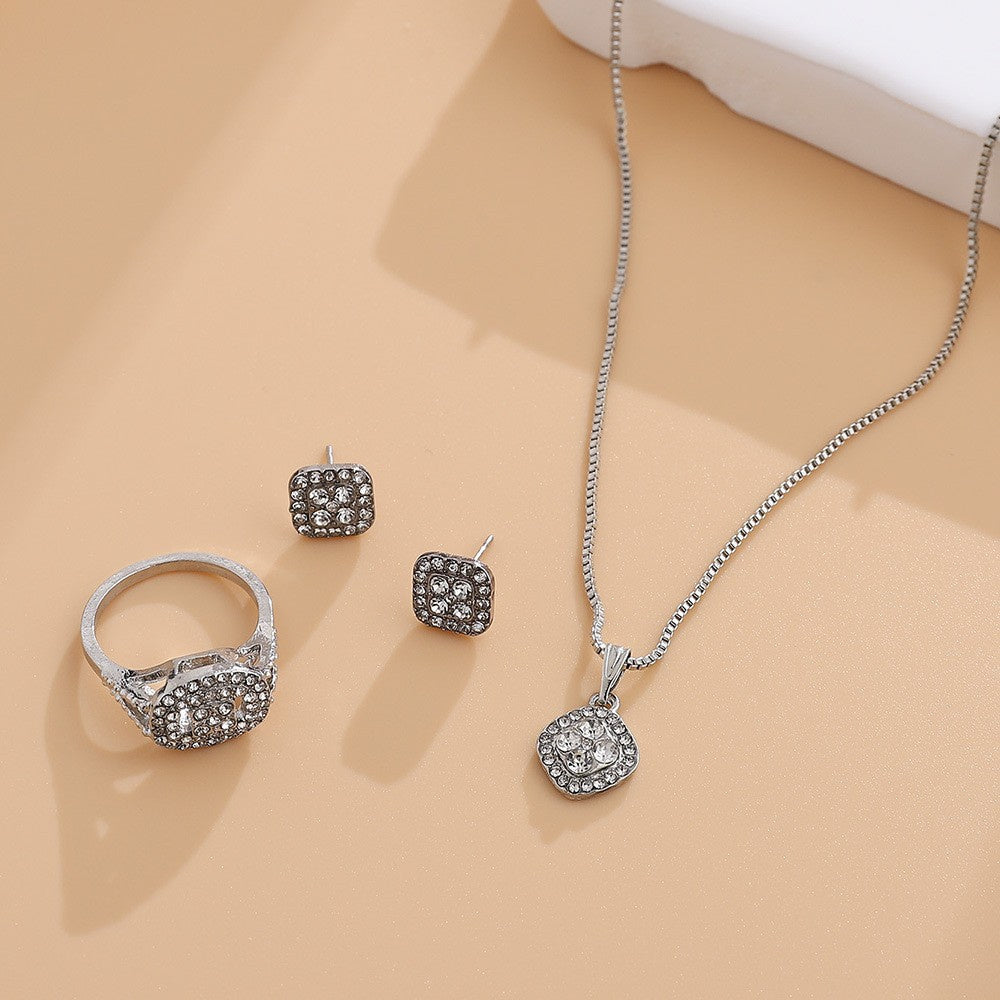 Engagement Ring, Stud Earrings, Necklace Three-piece Wedding Set - FASHIONKULTUR