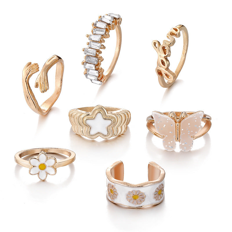 New Butterfly Star Diamond Daisy Flower Oil Drip Ring Set - FASHIONKULTUR