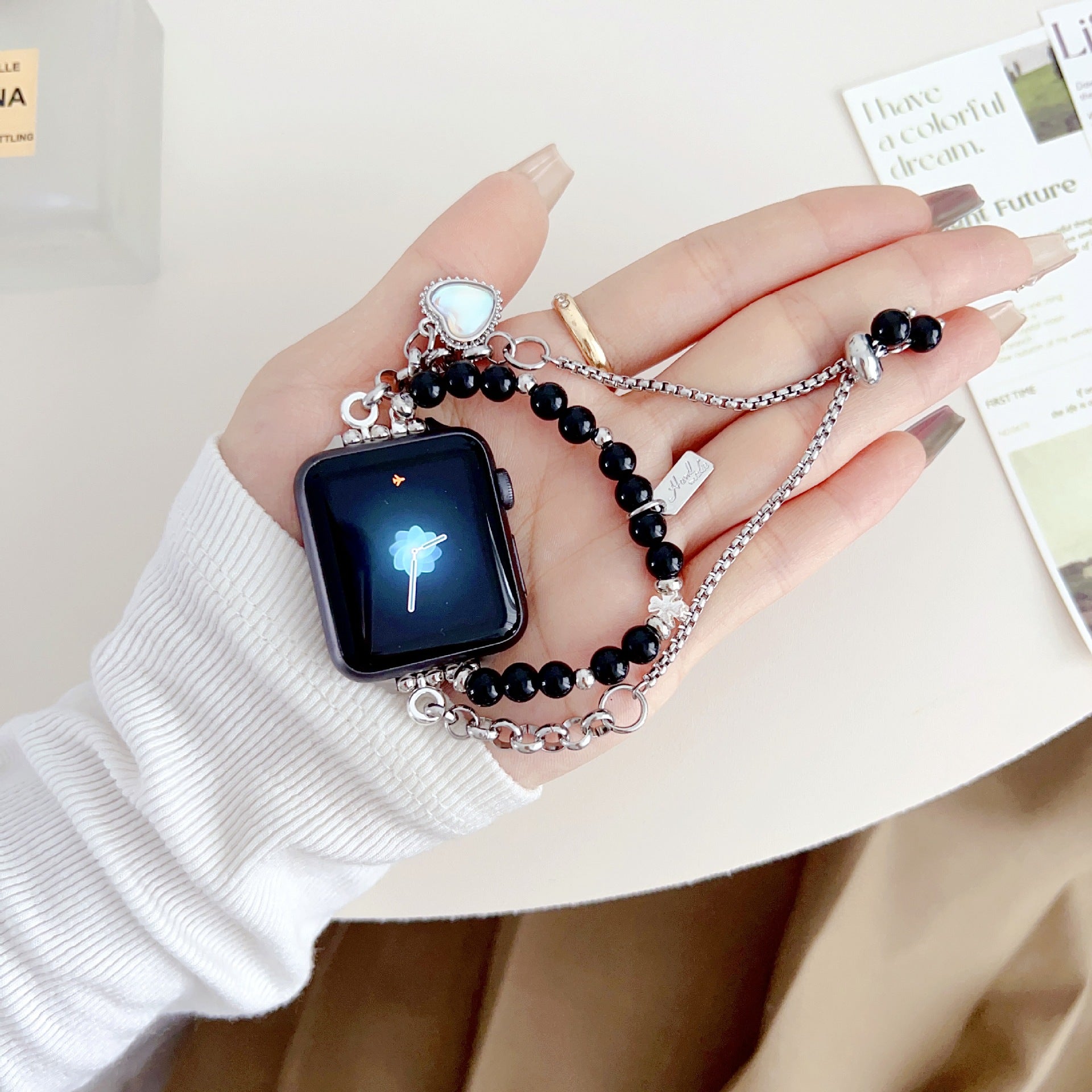 Laser Colorful Love Painted Bead Necklace Shoushan Stone Girls Bracelet Watch Strap - FASHIONKULTUR