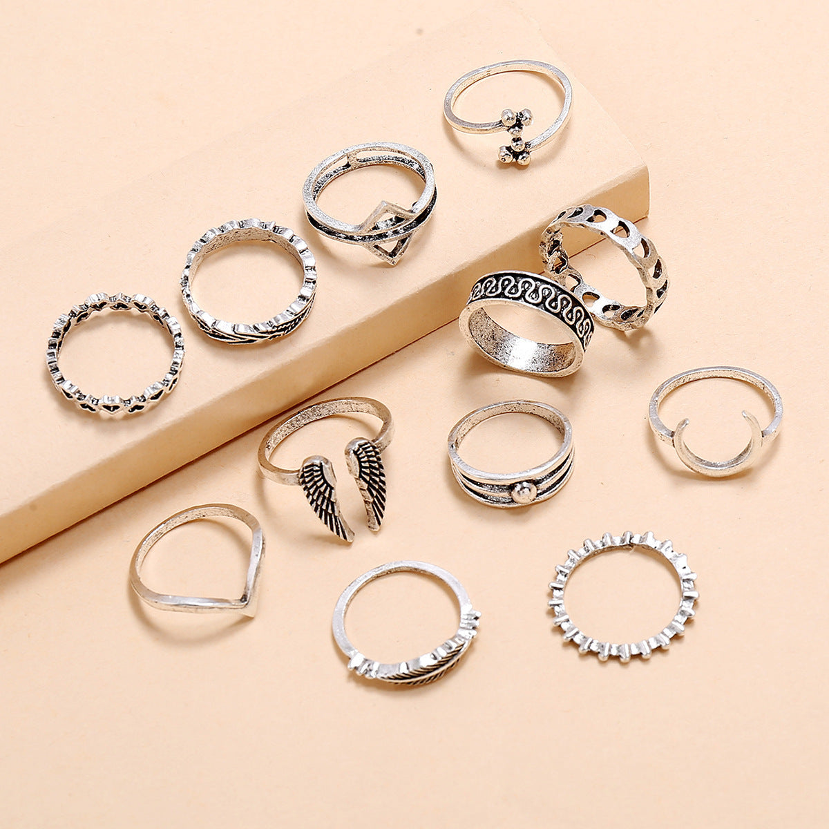 Retro Wings Triangle Moon Geometry Twelve Piece Set Ring - FASHIONKULTUR