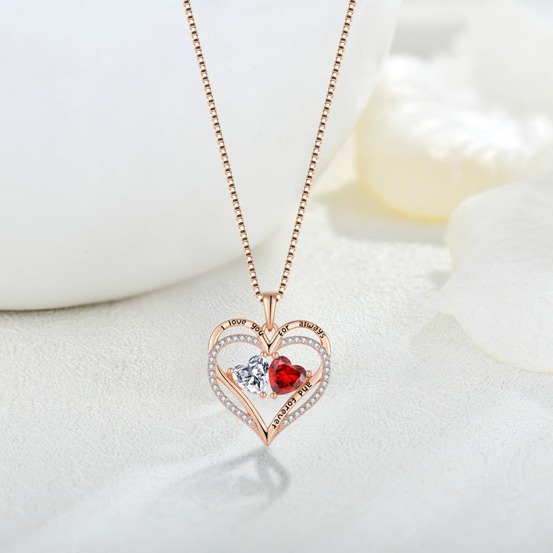 S925 Silver Double Love Necklace With Rhinestones Fashion Personality Heart-shaped Necklace Valentine's Day Gift - FASHIONKULTUR