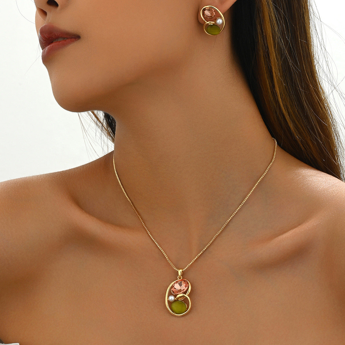 Earrings And Necklace Set Inlaid Gem Long - FASHIONKULTUR