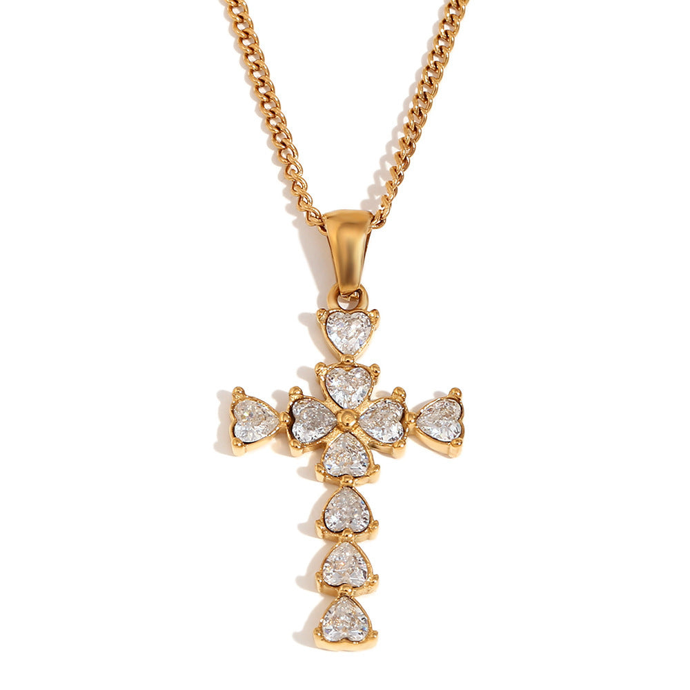 Stainless Steel 18K Gold Plated Water Drop Heart-shaped Cross Pendant Necklace - FASHIONKULTUR