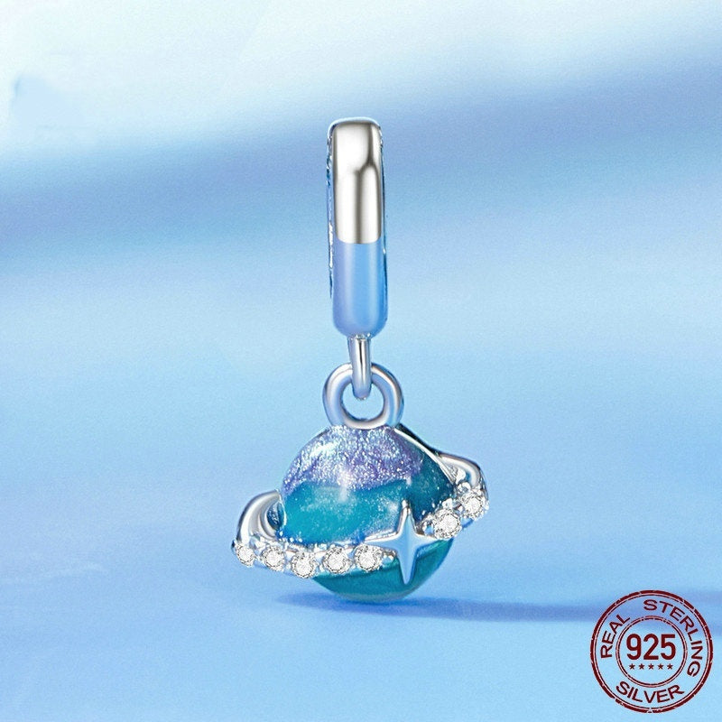 Blue Purple Planet Beaded S925 Sterling Silver White Gold Plated Scattered Beads Pendant Diy - FASHIONKULTUR
