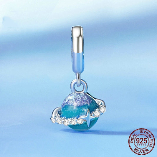 Blue Purple Planet Beaded S925 Sterling Silver White Gold Plated Scattered Beads Pendant Diy - FASHIONKULTUR