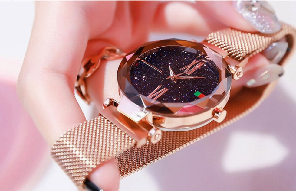 Luxury Women Watches Mesh Ladies Clock Magnet Buckle Starry Diamond Geometric Surface Quartz Wristwatch - FASHIONKULTUR