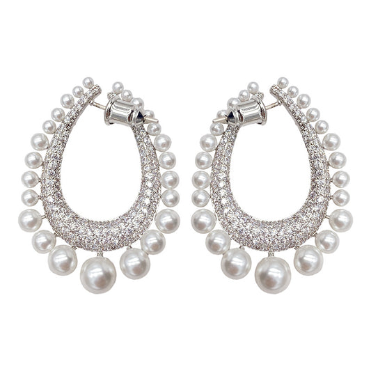 Full Diamond Row Of Pearl Drop Earrings Female Pearl Diamond Detachable Earrings - FASHIONKULTUR