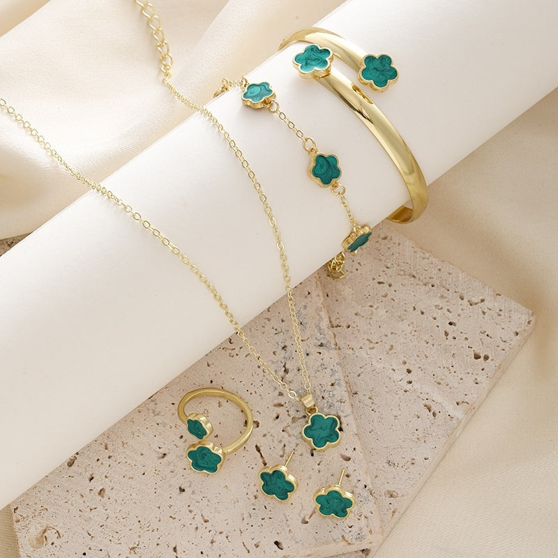 Parthenocissus Grass Jewelry Suit Simple Drop Oil Lucky Flower Necklace 5-piece Set - FASHIONKULTUR