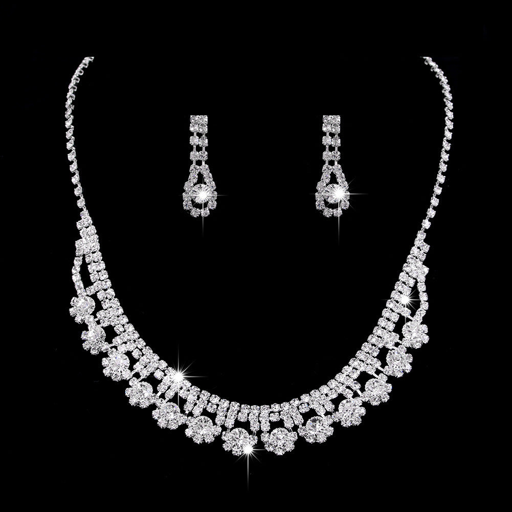 Brilliant Full Diamond Zircon Water Drop Necklace Eardrop Jewelry Set - FASHIONKULTUR