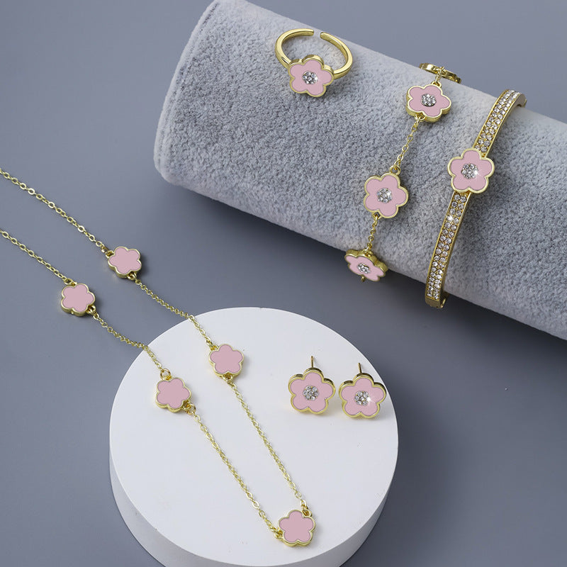 Ear Stud Necklace Set Of Five Petal Flower Jewelry European And American Five Leaves Flower Ornaments Suit - FASHIONKULTUR