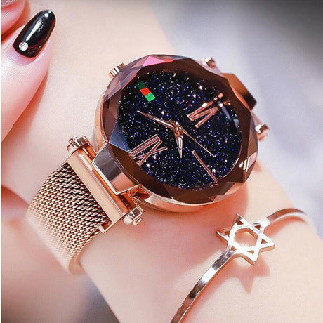Luxury Women Watches Mesh Ladies Clock Magnet Buckle Starry Diamond Geometric Surface Quartz Wristwatch - FASHIONKULTUR
