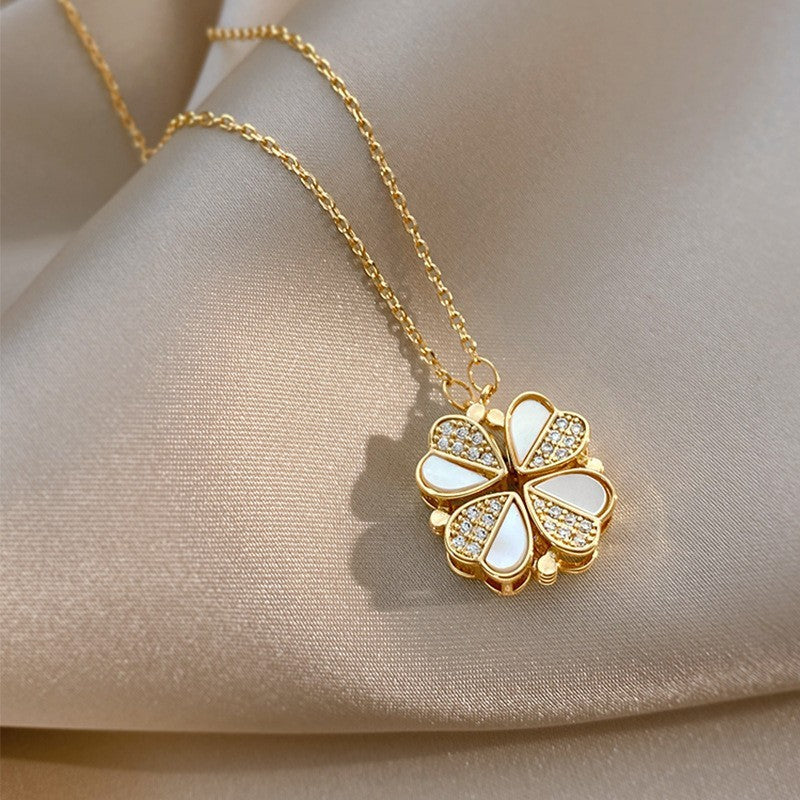Luxury Four Leaf Clover Pendant Necklace Stainless Steel Crystal Heart Jewelry For Women Gift - FASHIONKULTUR