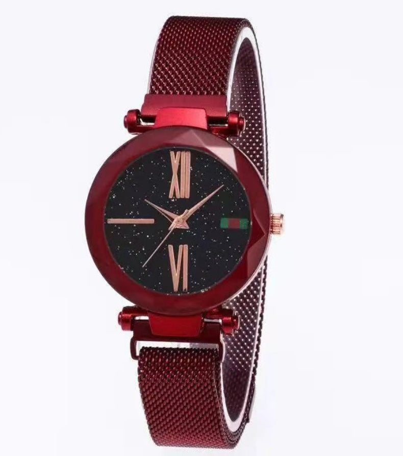 Luxury Women Watches Mesh Ladies Clock Magnet Buckle Starry Diamond Geometric Surface Quartz Wristwatch - FASHIONKULTUR