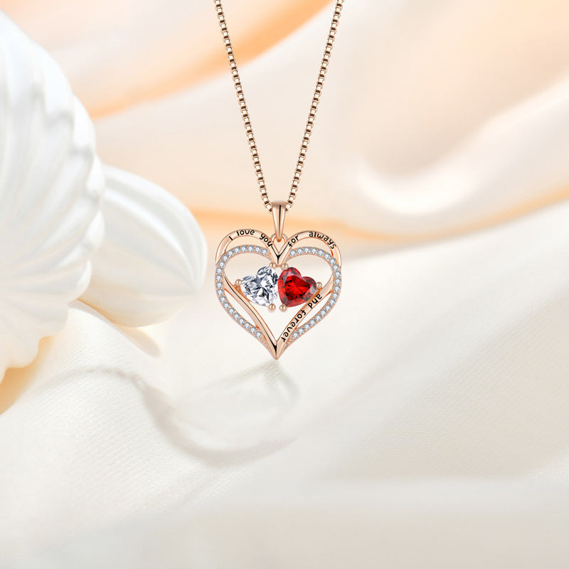 S925 Silver Double Love Necklace With Rhinestones Fashion Personality Heart-shaped Necklace Valentine's Day Gift - FASHIONKULTUR
