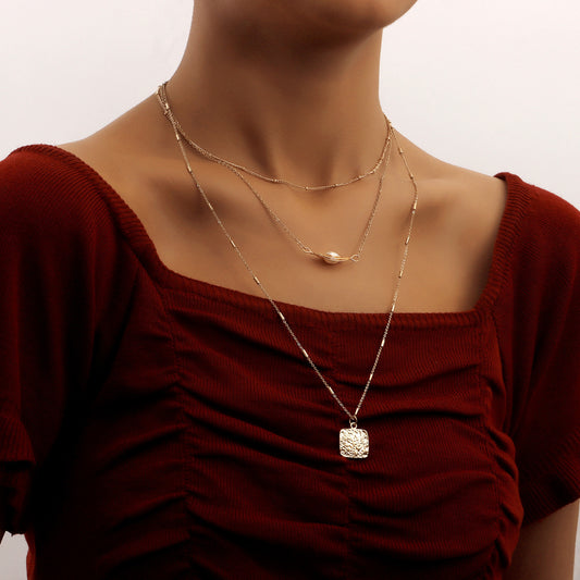 Jewelry Ins Multilayer Spider Web Pearl Square Pendant Necklace Women - FASHIONKULTUR