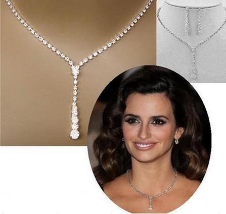 C192 New Europe simple bride Rhinestone Necklace ear suit 2 pieces of wedding jewelry sweater chain - FASHIONKULTUR