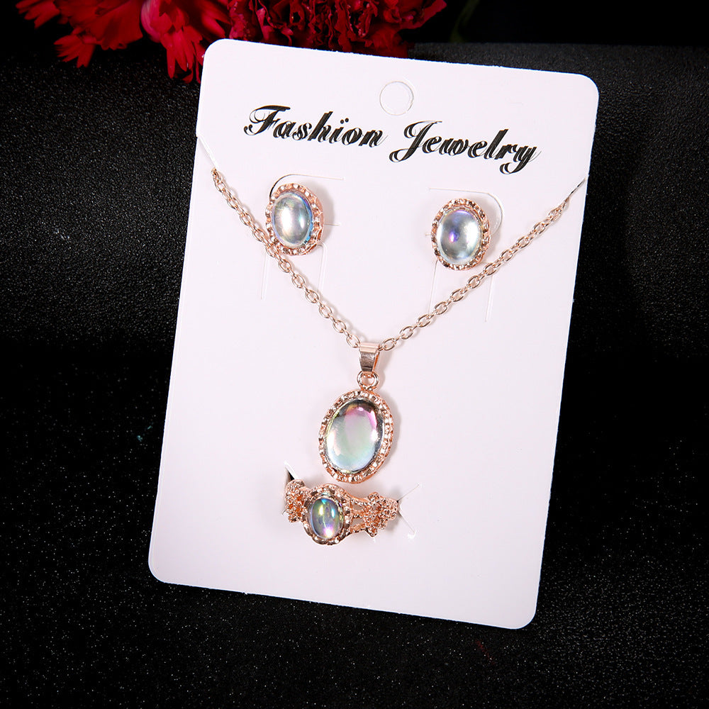 Dazzling gemstone trend jewelry set Fashion Europe and new necklace earrings ring set - FASHIONKULTUR