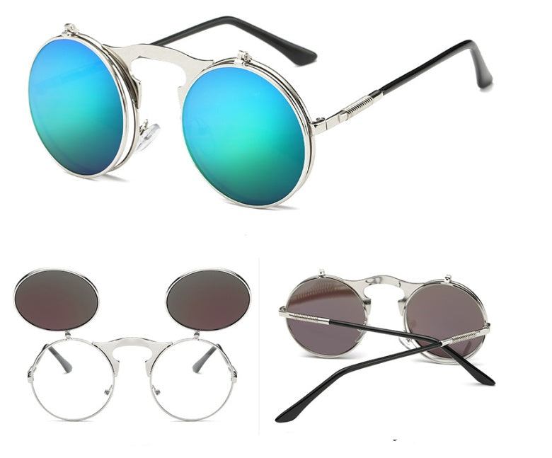 New Vintage Round Steampunk Sunglasses Flip-Up UV Protection Metal Frame Men And Women Summer Cycling Sun Glasses - FASHIONKULTUR