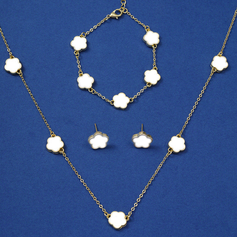 Lucky Five Petal Flower Ear Stud Necklace Bracelet Three-piece Set - FASHIONKULTUR