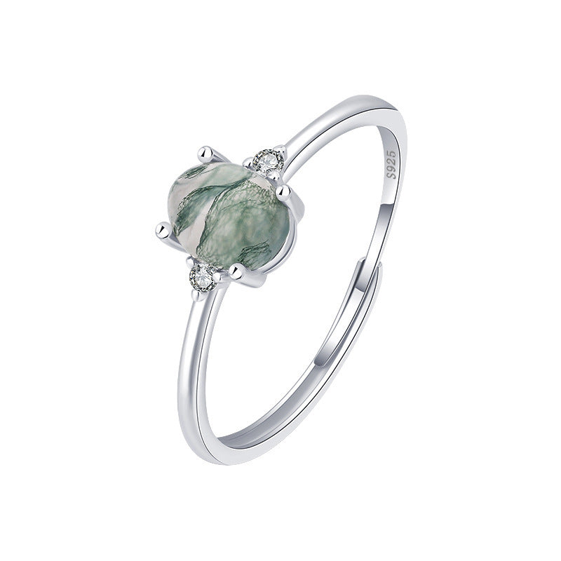 S925 Silver Green Moss Ring Water Plants Agate Female Finger Ring - FASHIONKULTUR