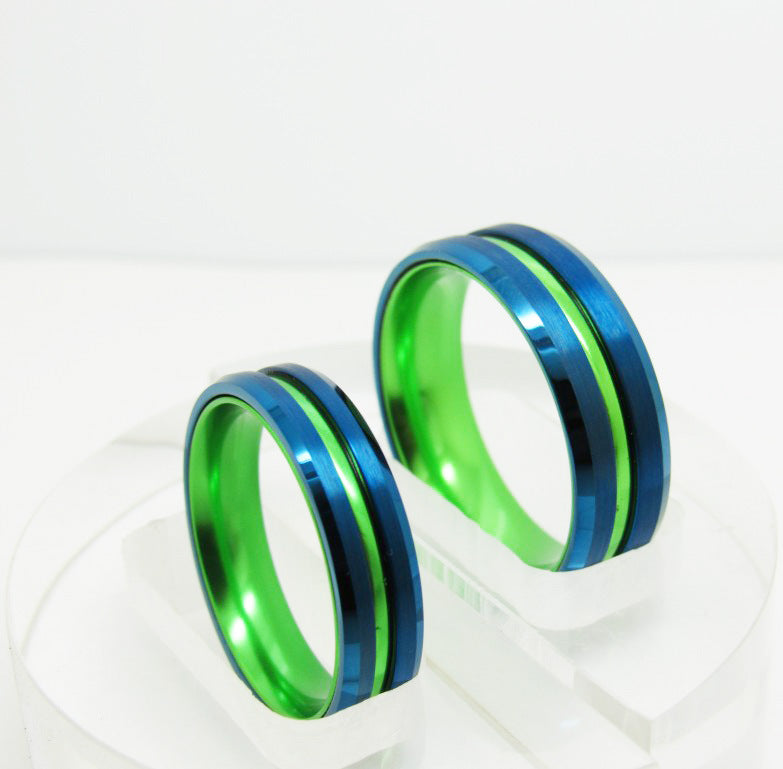 Wanruyi Tungsten Gold Couple Sand Chamfering Electric Blue Ring - FASHIONKULTUR