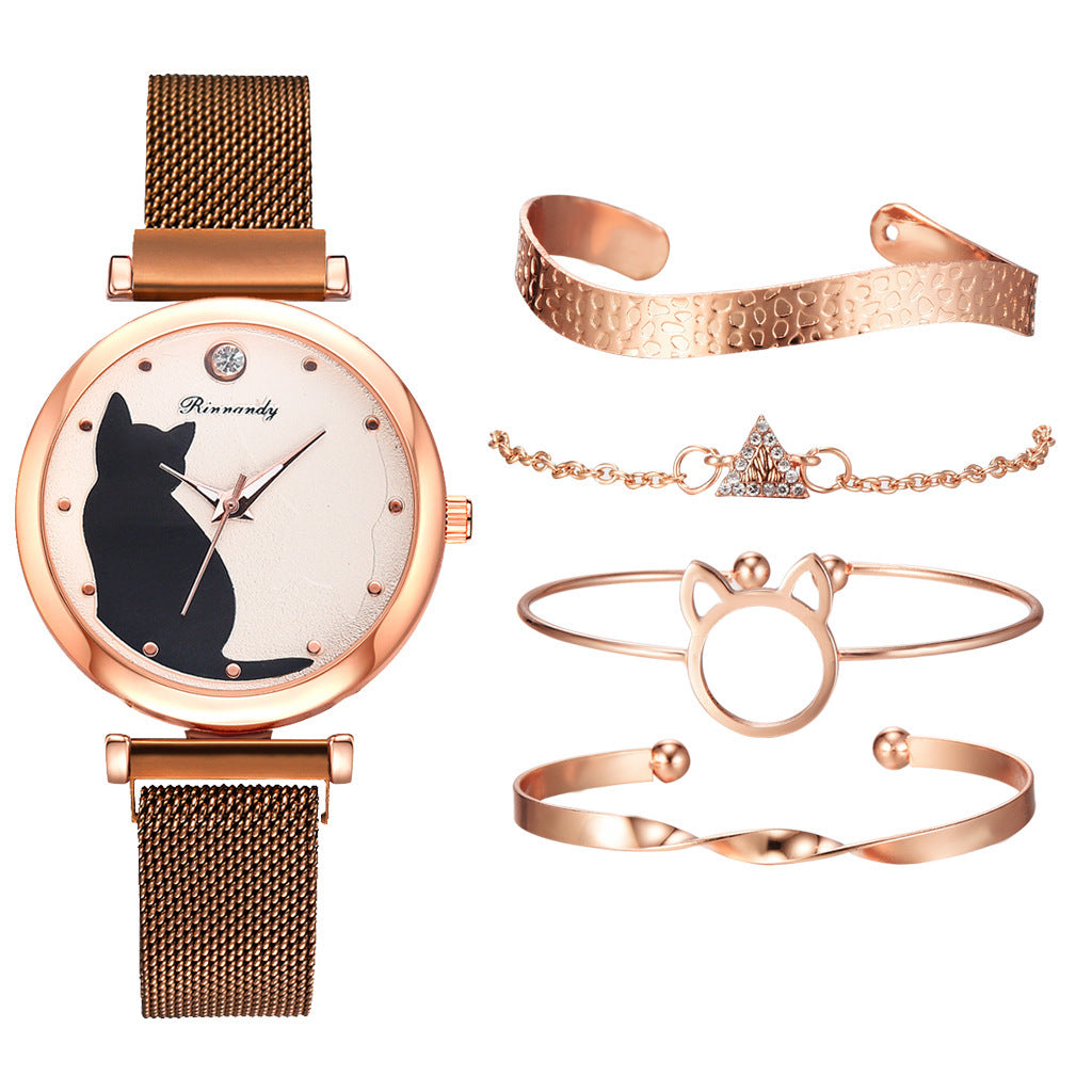 Women's cat watch bracelet set - FASHIONKULTUR