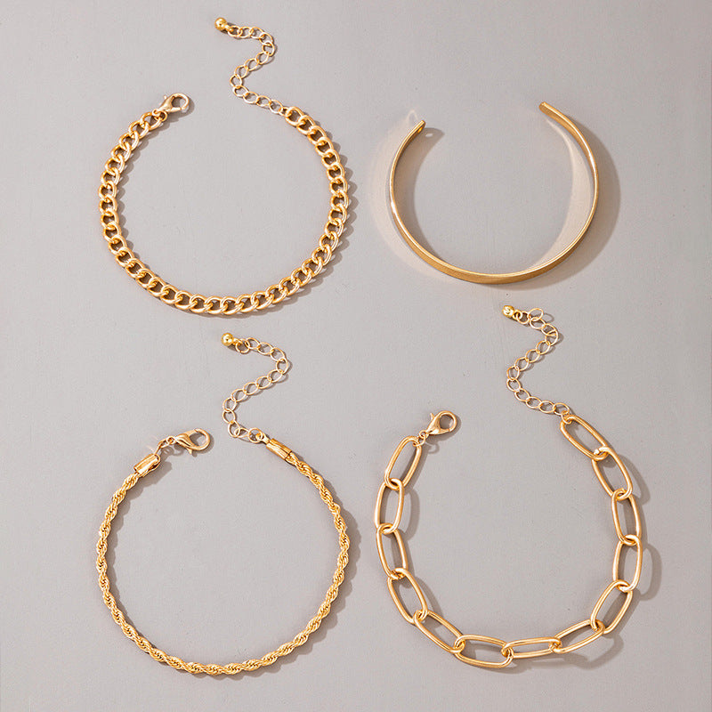 Exaggerated And Minimalist Gold Thick Chain Bracelet Set Of Four Pieces - FASHIONKULTUR