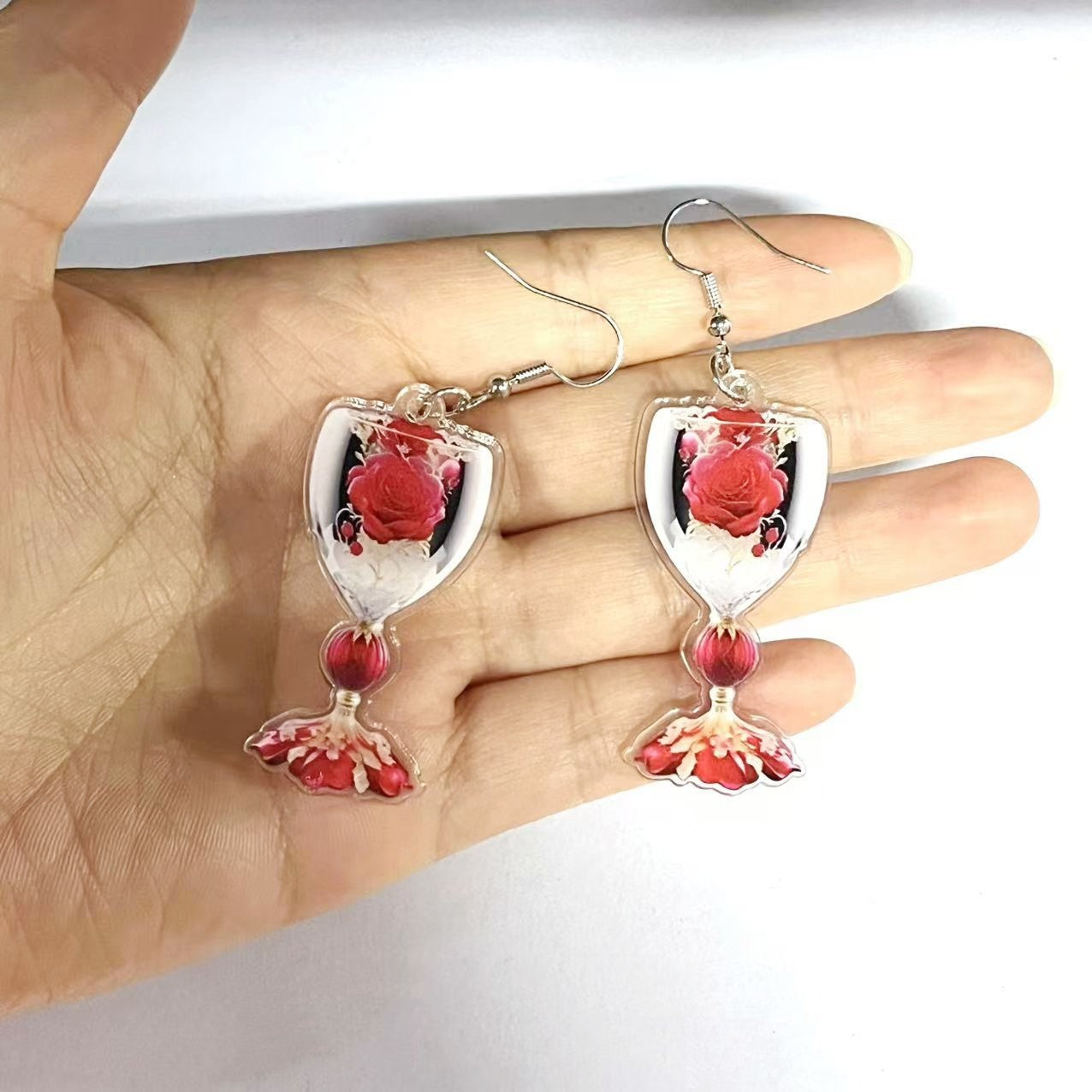 Valentine's Day Rose Wine Glass Acrylic Earrings - FASHIONKULTUR