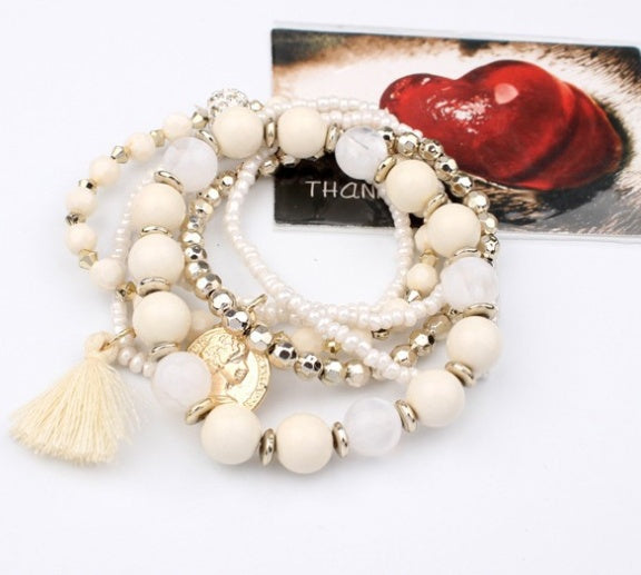 Bohemian head coin mixed color rice beads multi-layer bracelet tassel multi-layer elastic bracelet - FASHIONKULTUR