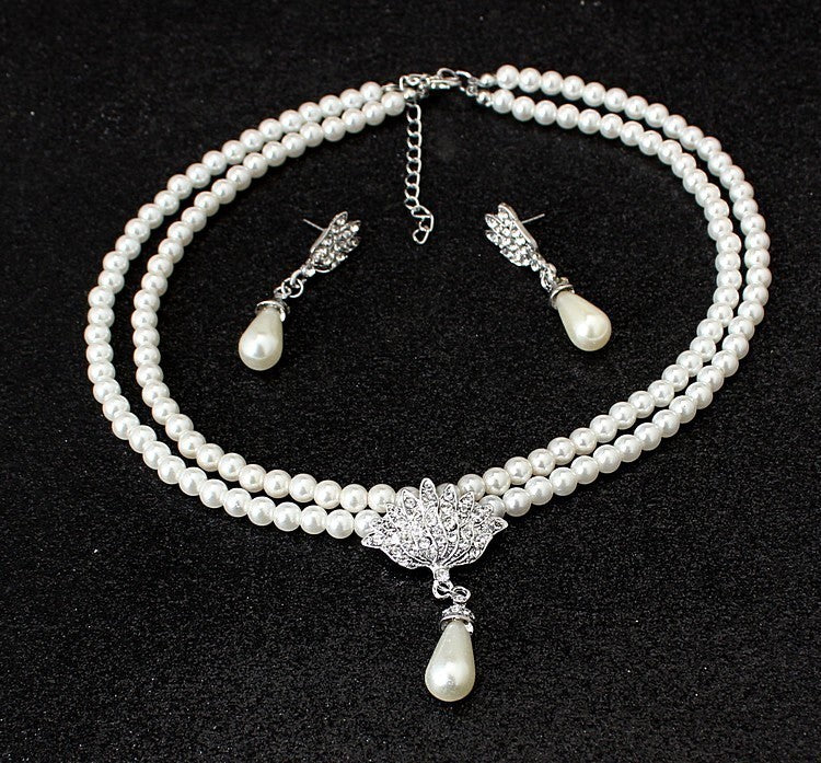 European and American foreign trade big wedding bride jewelry pearl crystal diamond necklace earrings set CMT087 - FASHIONKULTUR