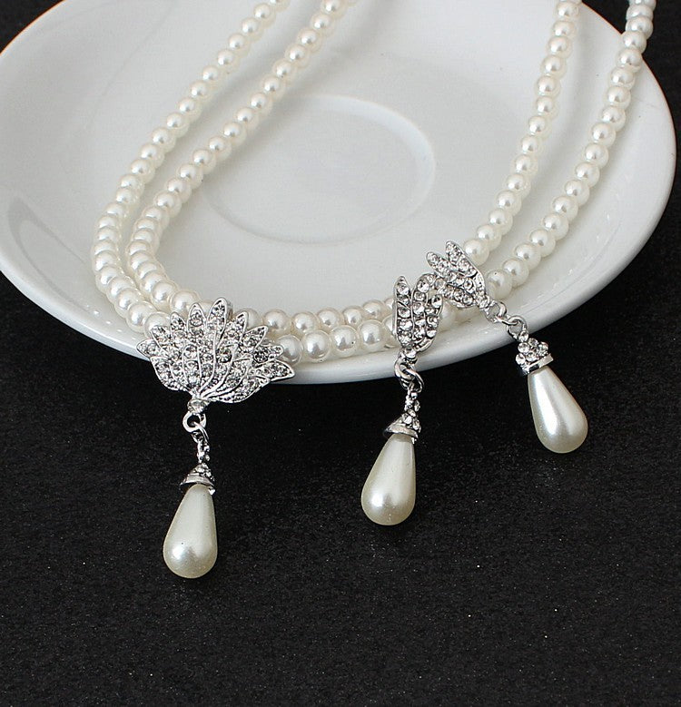 European and American foreign trade big wedding bride jewelry pearl crystal diamond necklace earrings set CMT087 - FASHIONKULTUR