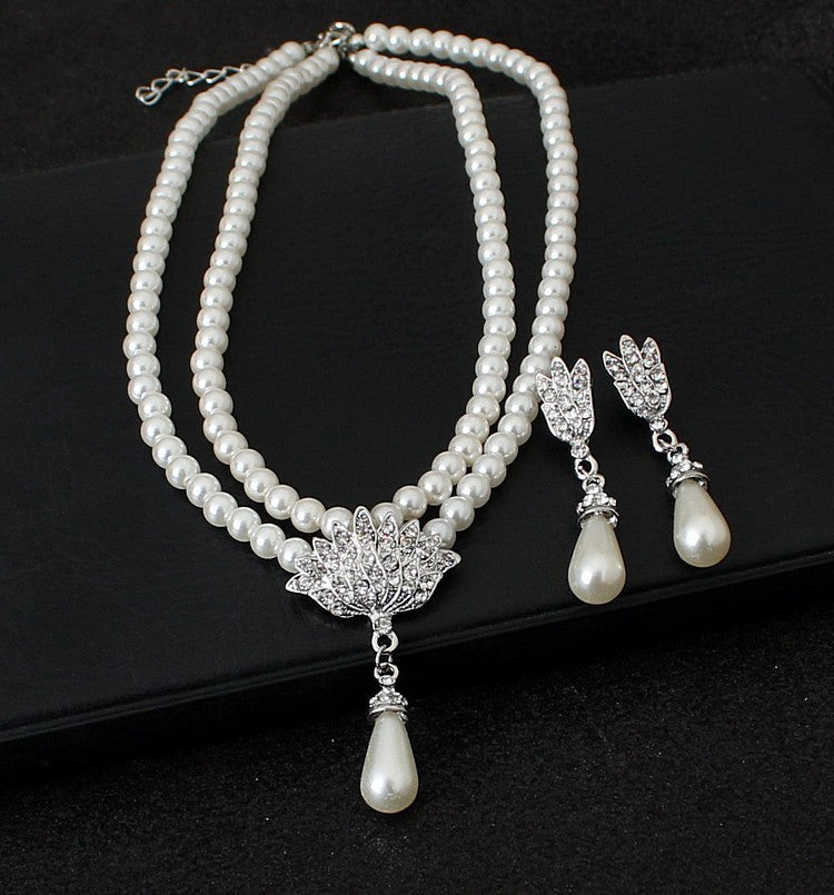 European and American foreign trade big wedding bride jewelry pearl crystal diamond necklace earrings set CMT087 - FASHIONKULTUR