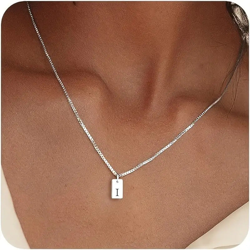 Stainless Steel Corrosion Carved 26 Letters Square Pendant Women's Necklace - FASHIONKULTUR