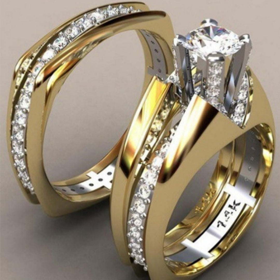 Fashion Plated 18K Gold Color Separation Simulation Diamond Ring Set - FASHIONKULTUR