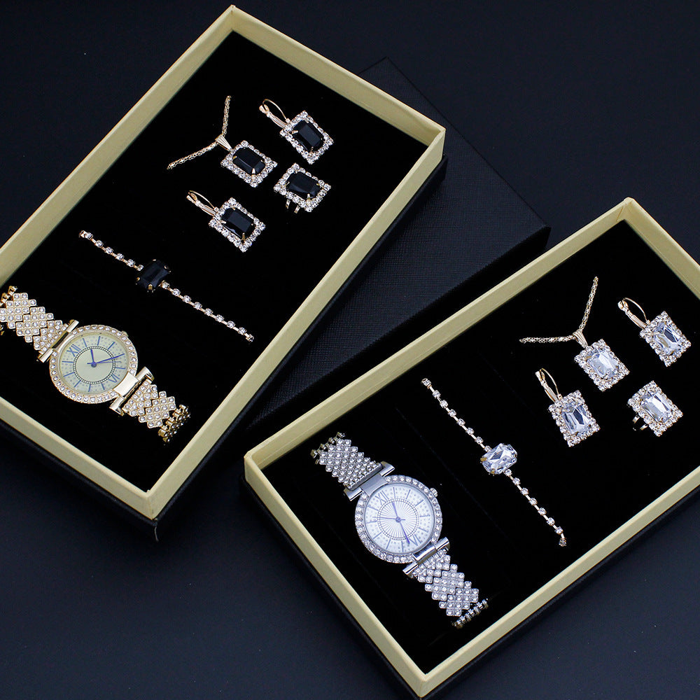 Roman Pattern Diamond-embedded Women's Watch Jewelry Gift Set Bracelet Watch Women's Light Luxury Full Diamond Good-looking - FASHIONKULTUR