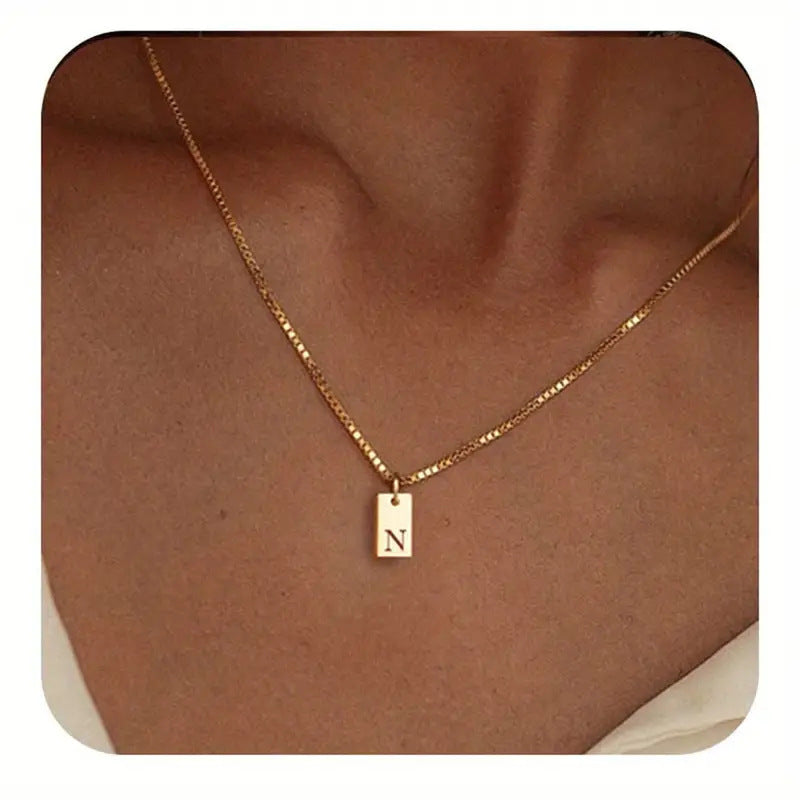 Stainless Steel Corrosion Carved 26 Letters Square Pendant Women's Necklace - FASHIONKULTUR