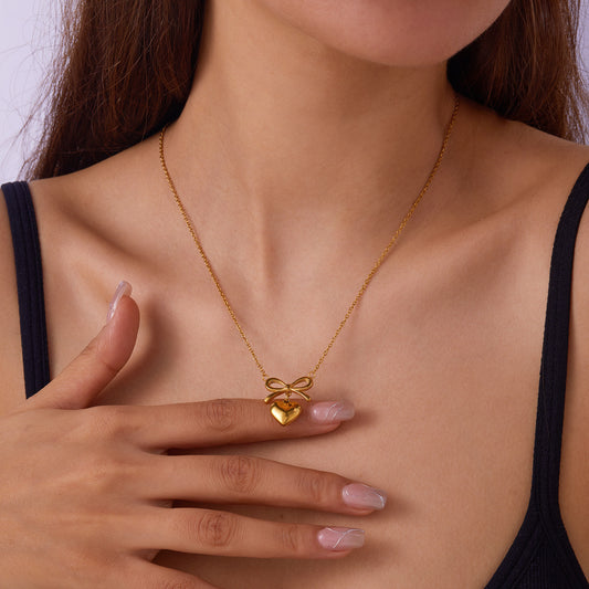 Stainless Steel New Fashion Fine Waterproof Jewelry Love Heart Bowknot Shape Charm Chain Choker Necklaces Pendant For Women Fashion Jewelry - FASHIONKULTUR