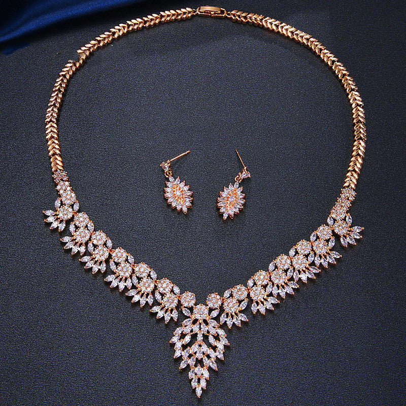 Jewelry Leaf Two Piece Bridal Zircon Set - FASHIONKULTUR