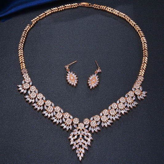 Jewelry Leaf Two Piece Bridal Zircon Set - FASHIONKULTUR