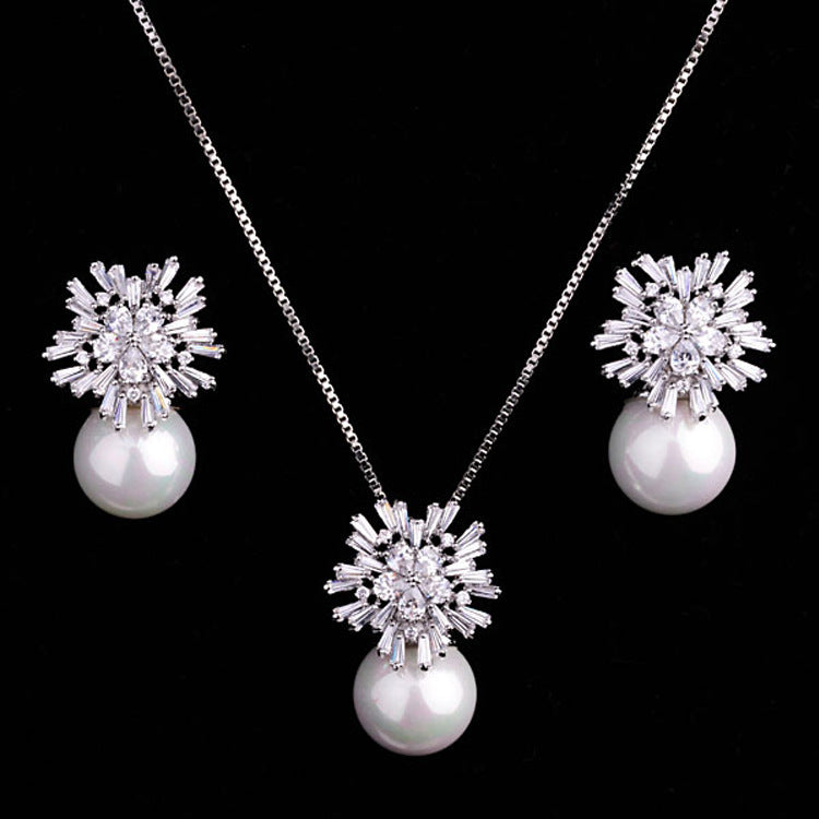 Korean temperament luxury high-grade pearl necklace earrings set with zircon jewelry micro all-match fashion bride - FASHIONKULTUR