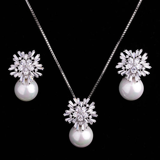 Korean temperament luxury high-grade pearl necklace earrings set with zircon jewelry micro all-match fashion bride - FASHIONKULTUR