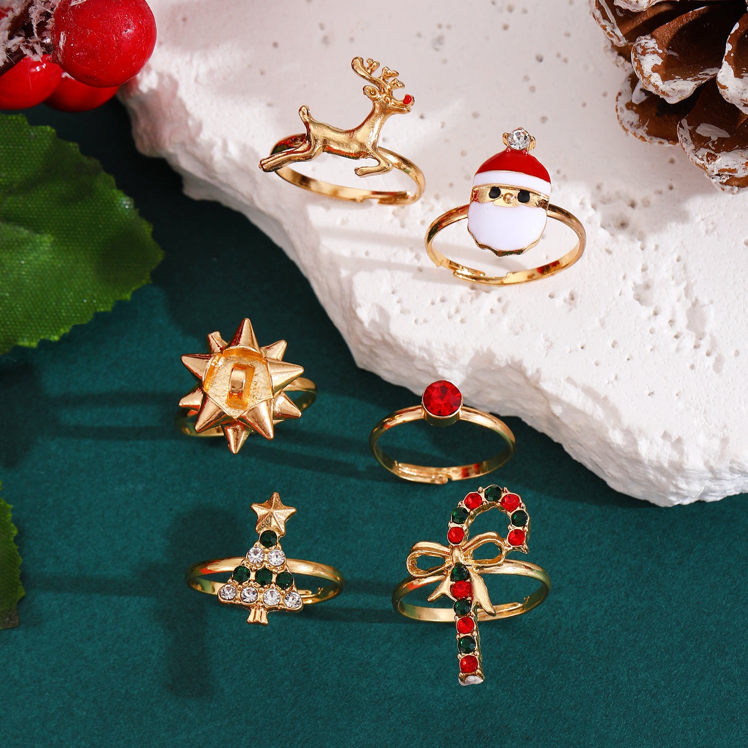 6pcs Santa Claus Christmas Tree Elk Rings Cute Cartoon Christmas Open Adjustable Ring Oil Drop Jewelry - FASHIONKULTUR