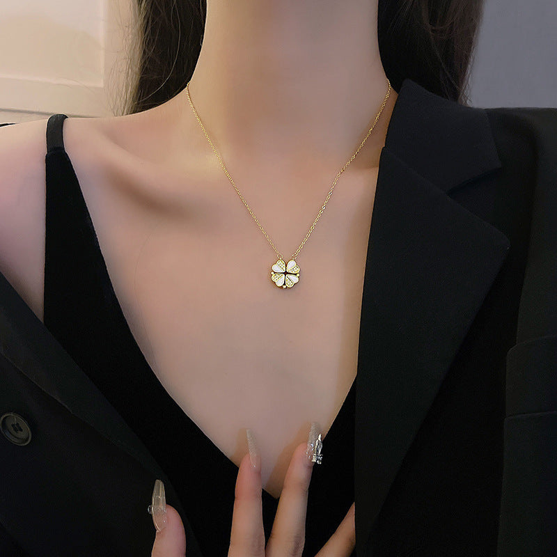 Luxury Four Leaf Clover Pendant Necklace Stainless Steel Crystal Heart Jewelry For Women Gift - FASHIONKULTUR